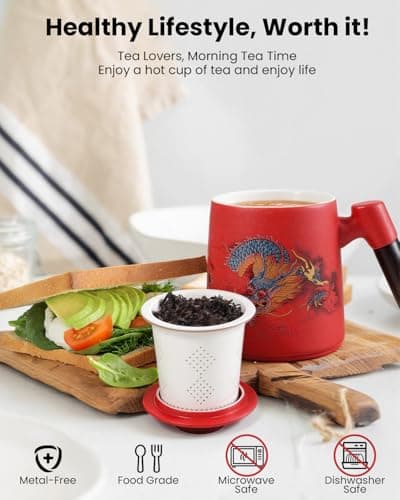 Foinly Ceramic Tea Cup with Infuser and Lid, 13.5 oz Tea Mug for Loose Leaf Tea,Wood Handle,Chinese Dragon Design,All Porcelain Strainer,BPA-Free, Perfect for Tea Lovers/Birthday/Mother's Day (Red） - Thumbnail 5