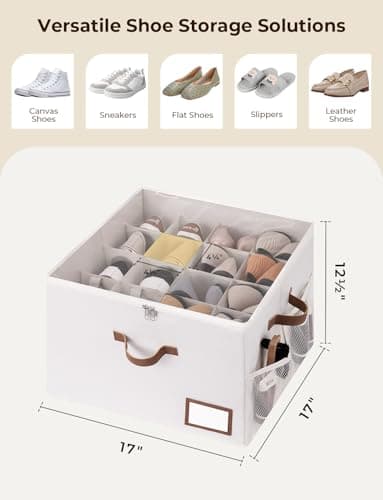 StorageWorks Shoe Organizer for Closet, Shoe Storage Bins with Clear Lid, Fabric Shoe Boxes with Side Mesh Pockets, Shoe Organizer Bin for Slippers and Flats, Holds Up to 16 Pairs, Beige - Thumbnail 2
