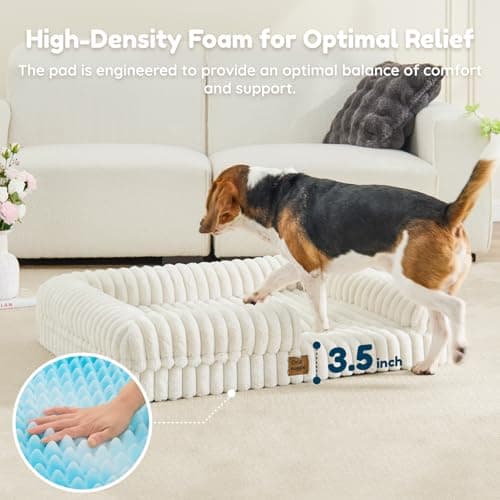 Orthopedic Dog Bed for Large Dogs, Washable Dog Bed with Faux Rabbit Fur Waterproof Cover, High Density Egg Crate Foam Support with 3-Sided Bolsters for Senior Dogs, Non-Skid Bottom,35x28x7, Cream - Thumbnail 3