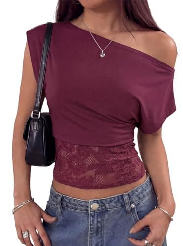 LORJIO Women's Off the Shoulder Going Out Tops Lace Cinched Waisted Asymmetric Neck Crop Y2K T Shirts Night Out Outfits Burgundy S - Image 1