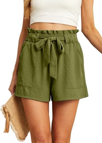 IWOLLENCE Womens Shorts with Pockets Summer Casual Shorts for Women Waist Casual Lightweight Adjustable Tie Knot Loose Army Green Small - Image 1