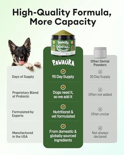 Pawaura Dog Teeth Cleaning Powder,Dog Breath Freshener with Probiotics for Targets Tartar & Bad Breath,Dog Dental Powder for Teeth Cleaning of All Breeds,90 Scoop Supply - Made in USA - Thumbnail 5