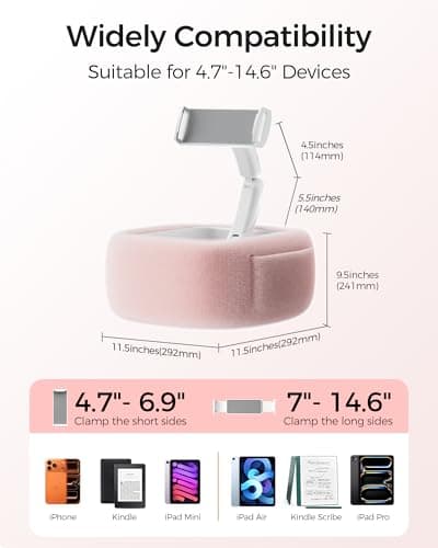 LULULOOK Tablet Pillow Stand, Compatible with iPad, iPhone and 4.7-14.6”Tablet, 360° Adjustable Kindle Pillow Stand for Bed with Ultra Fluffy Fabric & Snack Bowl (Snug Pink) - Thumbnail 6