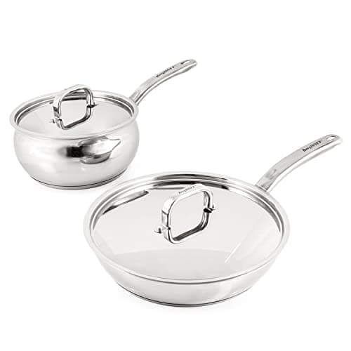 BergHOFF Belly Shape 18/10 Stainless Steel 4Pc Cookware Set, Metal Lids, Fast, Evenly Heat, Induction Cooktop Ready