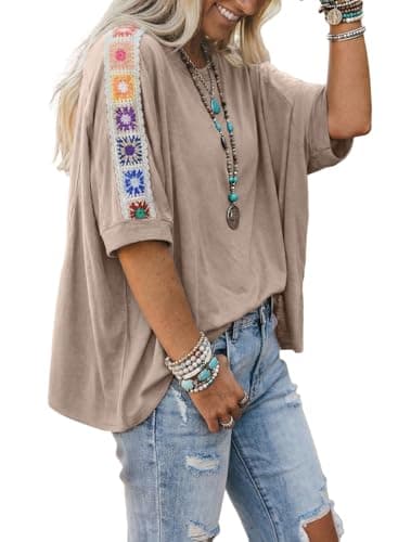 Dokotoo Oversized Tshirts for Women Summer Short Sleeve Color Block Plus Size Women Blouses 2026 Spring Business Casual Crewneck Cute Boho Tops for Women Basic Tee Parchment - Image 1