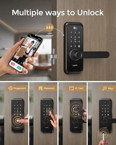 WiFi Video Smart Lock with Camera & Handle - 6-in-1 Keyless Entry (Fingerprint/App/Keypad/FOB/Key), Electric Deadbolt Door Knob for Front, Built-in WiFi, 2-Way Audio, Auto-Lock, Waterproof - Black - Thumbnail 5