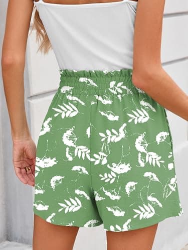 DEARCASE Casual Shorts for Women Summer Green White Flowers XX-Large Beach High Waisted Adjustable Lightweight Tie Knot Drawstring Stretchy Lounge Wide Leg Office Boho Cute Short Pants with Pockets - Thumbnail 3