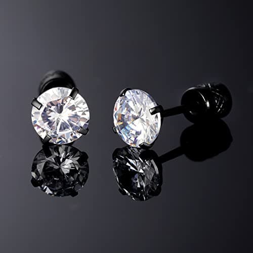 Titanium Screw Back Earrings Black 316L Surgical Stainless Steel Cubic Zirconia Fake Diamond Flat Back Stud Hypoallergenic for Sensitive Ear for Women Men Teen CZ Twist Piercing Post - Thumbnail 4