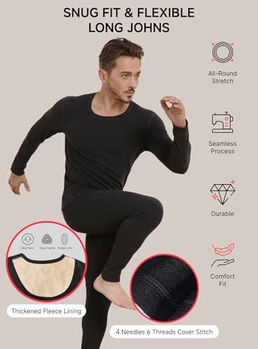 Thermal Underwear for Men Wool Long Johns Fleece Lined, Lightweight Warm Gear Set for Autumn Winter Cold Weather Top Bottom, Base Layer Thermal Long Sleeve Shirt Underpants for Running - Black M - Thumbnail 3