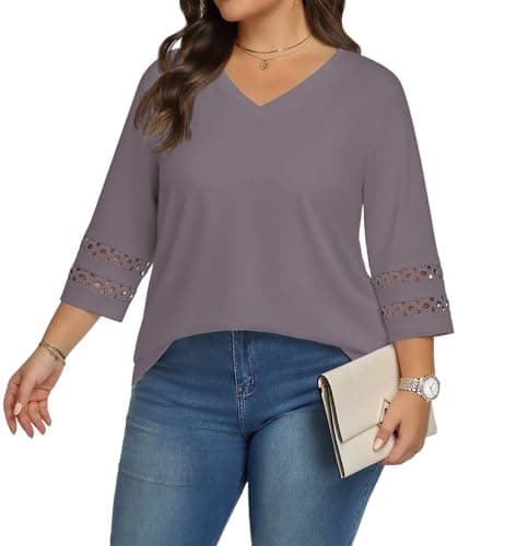 Lastshe Plus Size Women Casual Blouses 3/4 Lace Sleeve V Neck Tops Work Outfits Summer Clothes for 2026 Lightweight,Coffee Grey,2X - Image 1