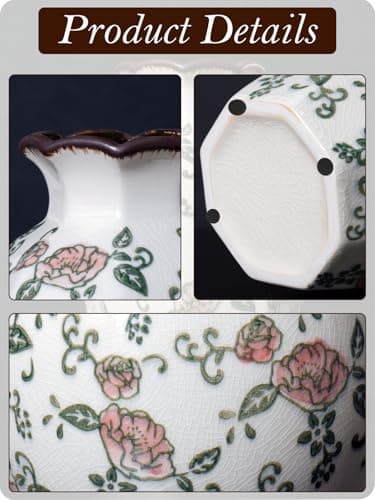 SJIE Vintage Ceramic Vase - 9 Inch Hand-Painted Roses with Ice Crackle Glaze Finish, American Farmhouse Style Pitcher Vase for Home Decor, Centerpiece, Shelf, Table, Office, Rustic Wedding Gift - Thumbnail 3