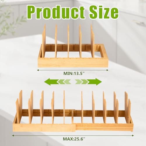 VKDDM Pots and Pans Organizer for under Cabinet - Expandable Bamboo Pot Lid Organizer, Bakeware and Cutting Board Organizers, Drawer Pot Lid Holder Rack for Kitchen Organizers and Storage - Thumbnail 2