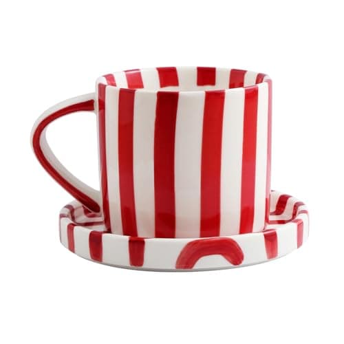 Cup and Saucer Set Hand-Painted Red Stripes, 8 Oz Ceramic Coffee Mug, Espresso Cups, Porcelain Coffee Cup for Cappuccino, Espresso, Coffee, Tea, Cafe Mocha, Latte, Set of Cup Gift for Coffee Lover - Image 1