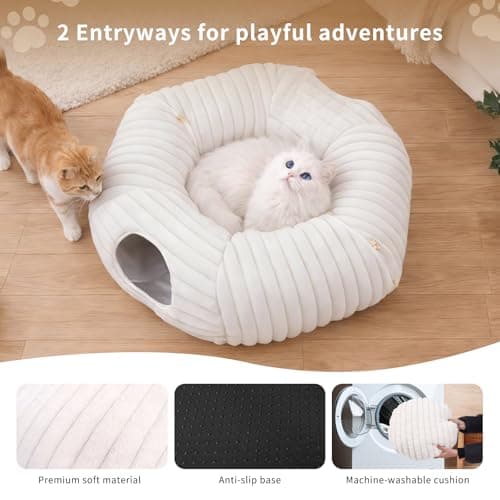 Dogpals Ultra-Soft Cat Tunnel Bed - Soft Washable Cushion, Peekaboo Hideaway Cave for Indoor Cats, Kittens, Puppies, and Rabbits - Deluxe Upgraded with Luxurious Striped Hare-Feel Fabric (White) - Thumbnail 4