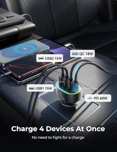 75W Car Charger USB C, 4 Port Super Fast Cigarette Lighter USB Charger, Type C 60W & QC 3.0 Multiport Car Phone Adapter Accessories for iPhone 17/16/15/14/13/12 Pro Samsung S26 Series - Thumbnail 2