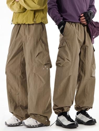 Areant Mens Baggy Hiking Cargo Pants Parachute Water Resistant Lightweight Wide Leg Pants Outdoor Climbing Trousers Dark Khaki X-Large - Thumbnail 2