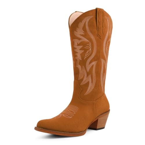 LingxiaUne Cowboy Boots for Women Mid Calf - Suede Cowgirl Boots Pointed Toe Chunky Heel Western Boots for Dancing Party Concert Brown Size 7.5 - Image 1