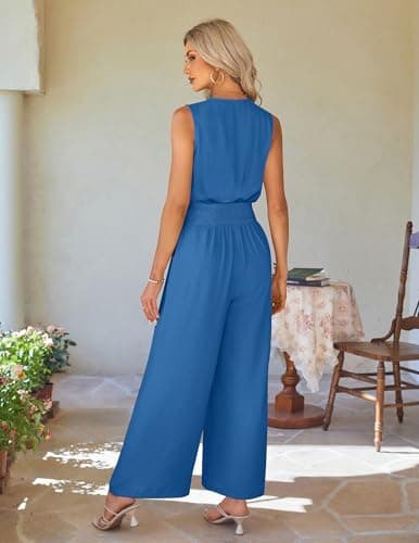 LOOKBOHO Women Causal Jumpsuit Summer Fashion V Neck Sleeveless Outfit Wide Leg Pant One Piece Party Jumper Romper(BL,S) - Thumbnail 3