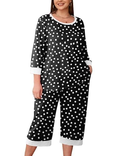 AusLook Women’s Plus Size Pajama Sets Printed 3/4 Sleeve Nightwear Top and Capri Pants 2 Piece Lounge Set with Pockets - Image 1
