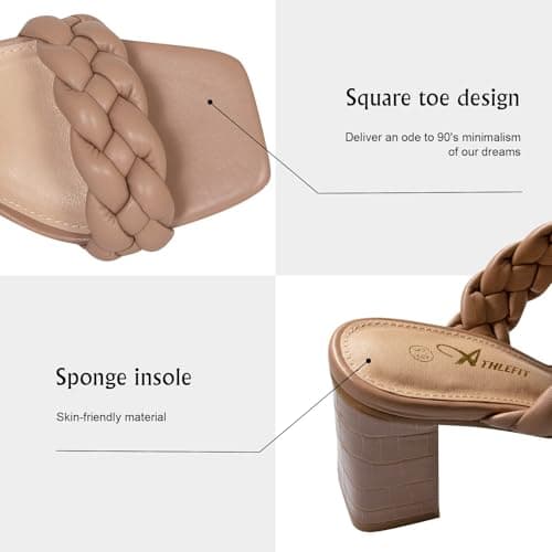 Athlefit Women's Braided Heeled Sandals Fashion Square Open Toe Comfortable Slip on Block Nude Heels Size 5.5 - Thumbnail 5