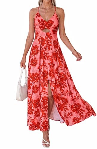 BTFBM Summer Dresses for Women 2026 Spring Floral Spaghetti Strap Smocked Cutout Maxi Dress Resort Beach Vacation Outfit(Floral Watermelon Red, XX-Large) - Image 1