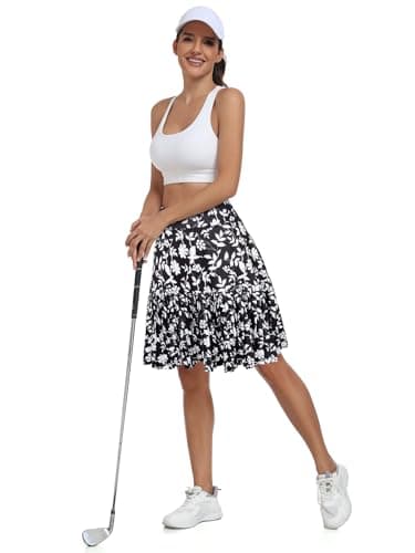 KORALHY 21" Golf Skorts with Pockets Pleated Tennis Skirts with Shorts Knee Length Skort for Athletic, Workout, Casual Wear Black Leaves M - Thumbnail 6