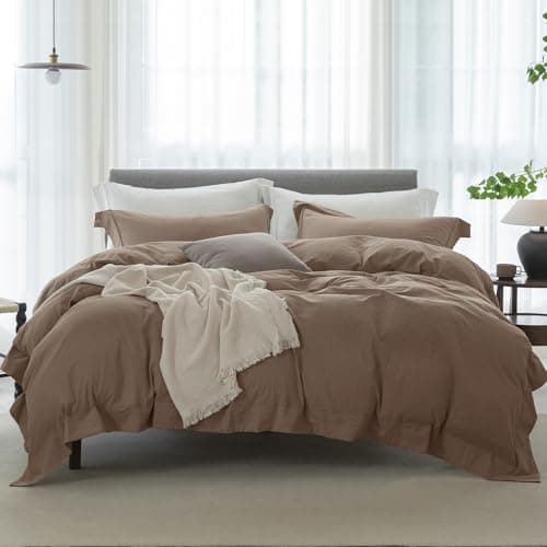 ELIMMO Full Duvet Cover - 3 Piece 100% Washed Cotton Linen Feel Bedding Set, All Season Breathable Cozy, Double Stitched Hem, Hemmed Grey Pink,80"x90" - Image 1