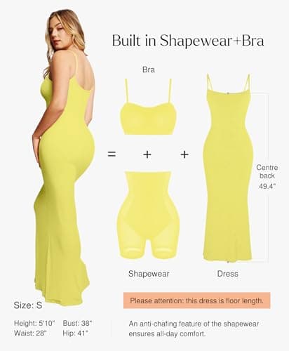 Popilush Womens Summer Yellow Maxi Dress Built in Bra Shapewear Tummy Control Bodycon Spaghetti Strap Ribbed Formal Party Dresses - Thumbnail 2