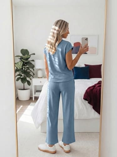 Casly Lamiit Summer Outfits for Women 2 Piece Set Matching Lounge Vacation Travel Set Spring Casual Cap Sleeve Tops Leisure Drawstring Crop Pants Blue Grey XS - Thumbnail 5