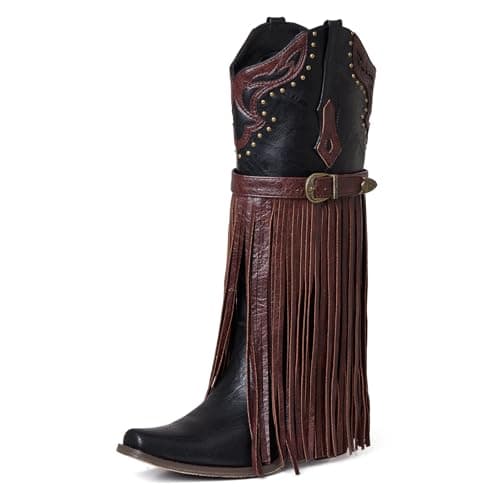SaraIris Women's Black Boots Knee High Cowboy Boots Fringe Cowgirl Boots Tassel Boots Pointed Toe Chunky Heel Buckle Strap Pull On Fashion Western Boots for Women Size 9 - Image 1
