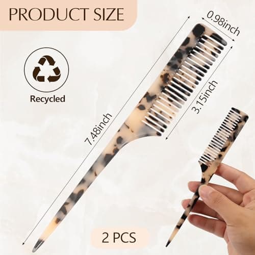 Auseibeely 2 Pack Rat Tail Combs for Women, Fine Tooth Hair Parting Comb Root Teasing Hair Styling Tools for Braiding, Friendly Recycled Cellulose Acetate Comb Anti Static(Tortoise Shell, Ivory) - Thumbnail 3