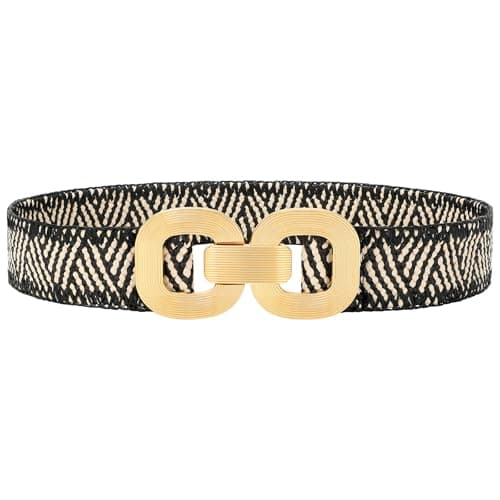 WHIPPY Straw Woven Elastic Belt for Women Boho Stretch Waistband with Gold Buckle Braid Belts for Dress, Black+Beige, XXL - Image 1