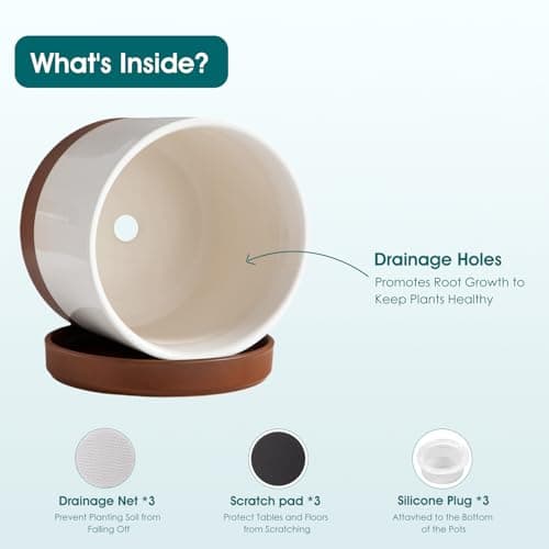 vancasso Ceramic Pots for Plants, Plant Pots for Indoor Plants, 6.25+8.25+10.25 Inch Ceramic Planters, Flower Pots with Drainage Holes, Planters Pot for Indoor House Plant, Set of 3, Khaki - Thumbnail 3