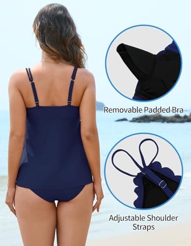 ANFILIA Flowy V Neck Tankini Top with Bottom Two Piece Scallop Trim Tankini Swimsuits Tummy Control Swimwear for Women Deep Blue - Thumbnail 5