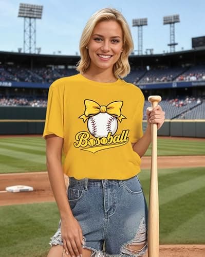 Baseball Shirts for Women Cute Bow Graphic T-Shirt Softball Mom Tee Funny Baseball Fan Short Sleeve Top Yellow - Thumbnail 4