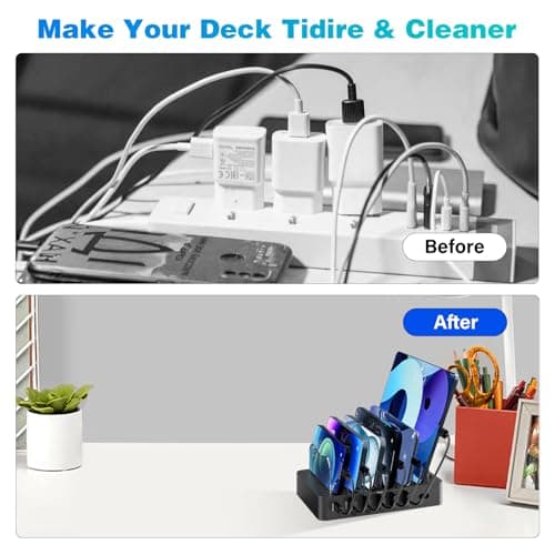 Charging Station for Multiple Devices 68W 6 Port Phone Charger Dock with 6 Cables, 20W Black Fast Charging Station Compatible with Apple Cellphone iPad iPhone Tablet(Black) - Thumbnail 4