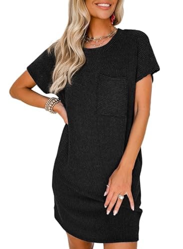 Acelitt Women Casual Summer Dresses 2026 Fashion Crewneck Short Sleeve Trendy Loose Vacation Beach Ribbed Shift Tshirt Mini Dress Black Medium - Image 1