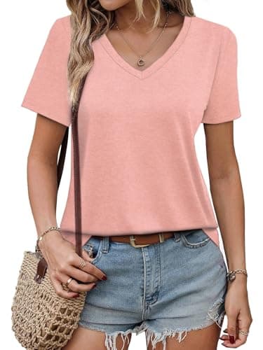 GKBK Womens Short Sleeve T Shirts V Neck Tops Summer Trendy Comfy Casual Basic Tee Shirt Dusty Pink,M - Image 1
