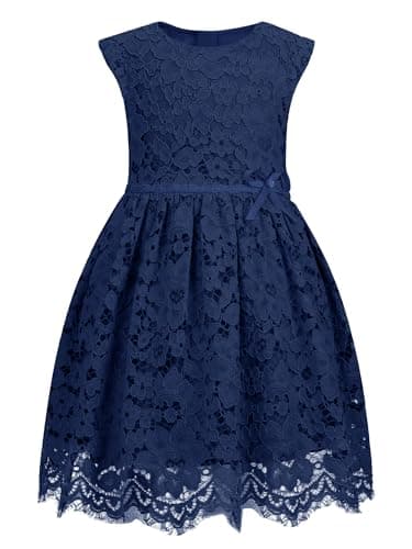 ALLOVIN Girls & Toddlers Sleeveless A-Line Lace Party Dress Birthday Wedding & Flower Girl Dress with Beaded Bowknot | Navy Blue | 2T - Image 1