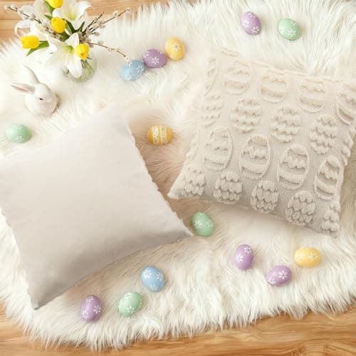 decorUhome Beige Faux Fur Egg Throw Pillow Covers 18x18 Set of 2 - Thumbnail 6