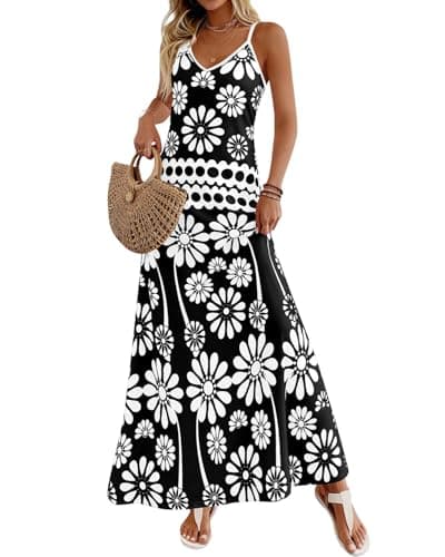 Zenlonr Womens Summer 2026 Wedding Guest Maxi Dresses Sphagetti Strap V Neck Floral Boho Long Dress Vacation(Black White Flower,X-Large) - Thumbnail 4
