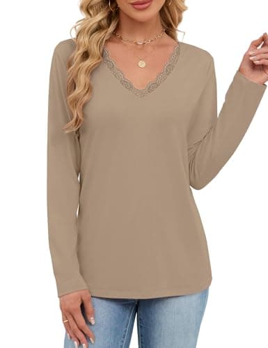 JUSTFASHIONNOW Winter Tops for Women V Neck Long Sleeve Shirts Trendy Lace Shirt Loose Fit Basic Tee Dressy Casual Work Office Outfits 2025 (Khaki,Large) - Thumbnail 3