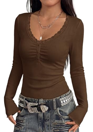 PRETTYGARDEN Womens Fall Long Sleeve Tops Lace Trim V Neck Button Henley Tshirts Slim Fitted Going Out Y2k Basic Shirts 2026 (Brown,L) - Image 1
