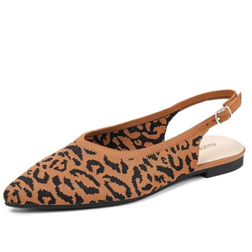 AHZEHRSE Slingback Ballet Flats for Women Pointed Toe Adjustable Buckle Strap Flats Comfortable Dressy Flats for Work & Party Knit Slip On Shoes Leopard - Image 1
