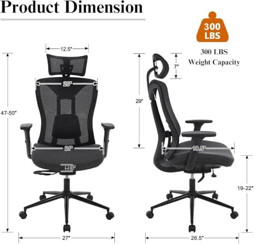 LuxErgo Ergonomic Office Chair, High Back Mesh Desk Chair with Adjustable Headrest Lumbar Support Seat Depth, 300 Lbs Big and Tall, 90-110° Tilt Lock Swivel Rolling Task Chair, Black - Thumbnail 2