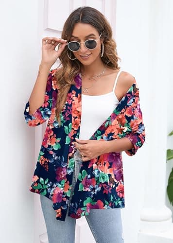 Heymoments Cardigan for Women Blue Colored Flower 3X-Large Draped Open-Front 3/4 Sleeve Lightweight Casual Soft Drape Summer Fall Kimonos Cardigans - Thumbnail 2