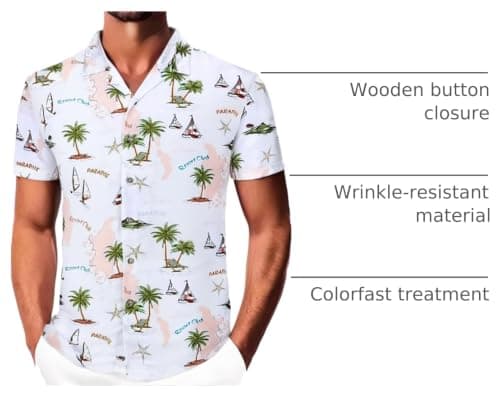 Damipow Mens Unique Pattern Hawaiian Shirt Beach Tropical Button Up Shirts Vacation Cruise Hawaii Summer Clothes,White,XL - Thumbnail 4