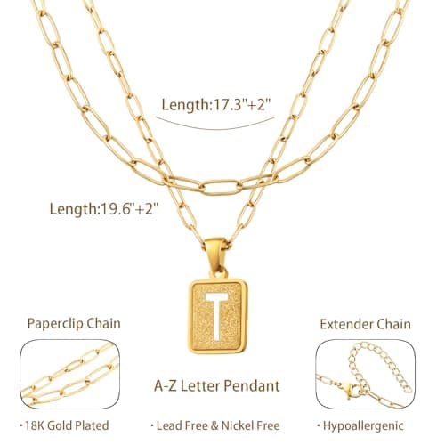LETFLY Initial Gold Necklaces for Women, 18K Gold Plated Letter Layering Necklace Square Shaped Pendant with Adjustable Paperclip Chain for Womens Jewelry Gifts Alphabets T - Thumbnail 4