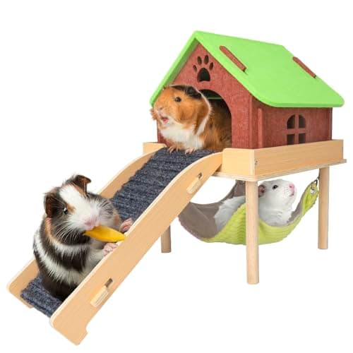 BESNEW 3 in 1 Enlarged Guinea Pig Hammock,Wooden Guinea Pig Hideout with House & Platform & Stairs Small Animal Toys for Hiding Sleeping Activities - Image 1