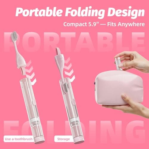 LRTOEH Travel Toothbrush with Built-in Toothpaste Container, Foldable Toothbrush with 2 Soft Brush Head, Portable Reusable Toothbrushes for Business Trips, Camping, Travel Size (Pink) - Thumbnail 5